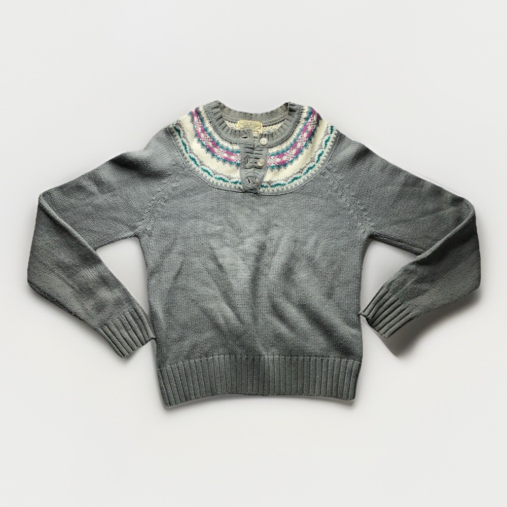 Vintage Sears JR Bazaar Grandma Core Sweater Juniors L Fair Isle Gray Preppy